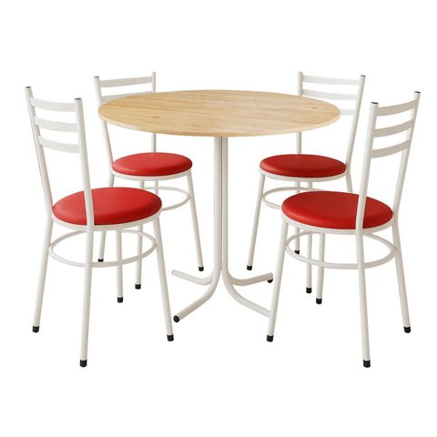 Mesa de Jantar Redonda 80cm Pinus com 4 Cadeiras Estofada Branca