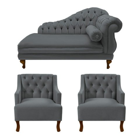 Divã Larissa 160 cm Esquerdo de quem senta e 2 Poltronas Genesis Suede Cinza - LM DECOR