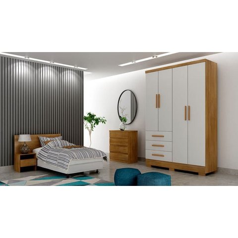 Guarda Roupa Solteiro com Pés 4 Portas 3 Gavetas - Encant-cumaru Off White - Móveis Novo Horizonte