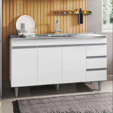 Balcão Andréia com Pia e Cuba Ghelplus 160cm Branco Ajl Móveis