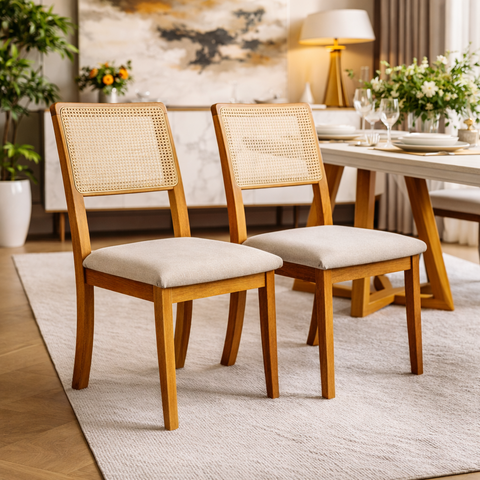 Kit 2 Cadeiras de Jantar Madeira Maciça Mel Encosto Telinha Palha Estofada Linho Bege Rubi