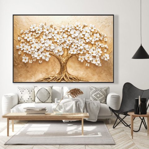 Quadro Decorativo Árvore com Flores Brancas Sala Quarto Casa Escritório