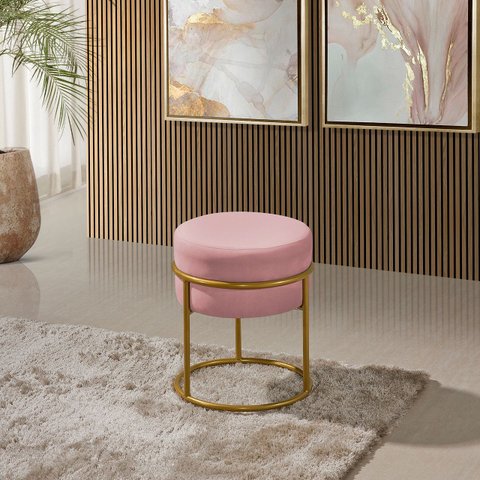 Puff Redondo Argola Levi Veludo Rosa Base em Aço Dourado