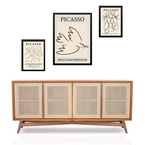 Set 3 Quadros Artes Minimalistas Picasso - com Vidro:moldura Preta