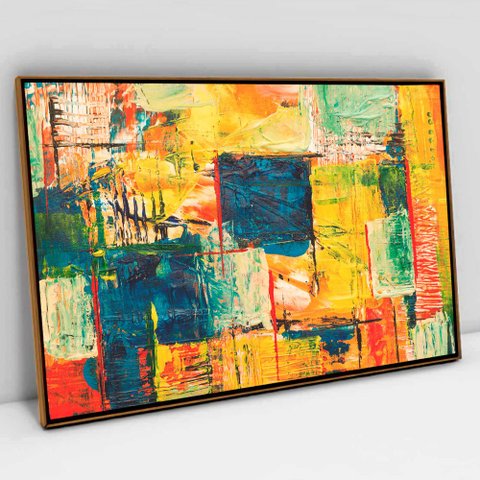 Quadro Decorativo em Canvas Pincelada Amarela TaColado Moldura Flutuante 4,5cm Freijó 120 x 80cm
