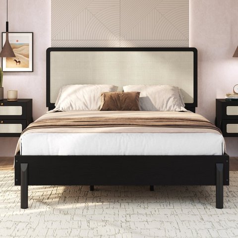 Cama Casal com Cabeceira Telada e Pé Madeira Maciça 152cm Oslo Preto/Nero