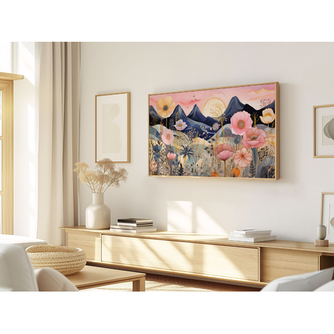 Quadro Decorativo N°160 70x40cm - Panorâmico Paisagem Montanhas e Flores Boho - Rollflex