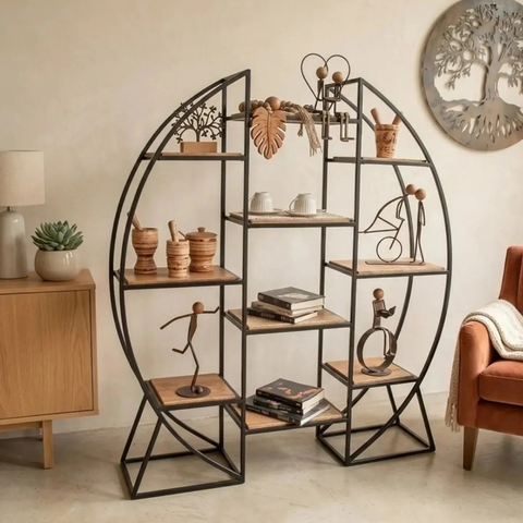 Estante Meia Lua Decorativa em Ferro e Madeira para Sala e Decoração