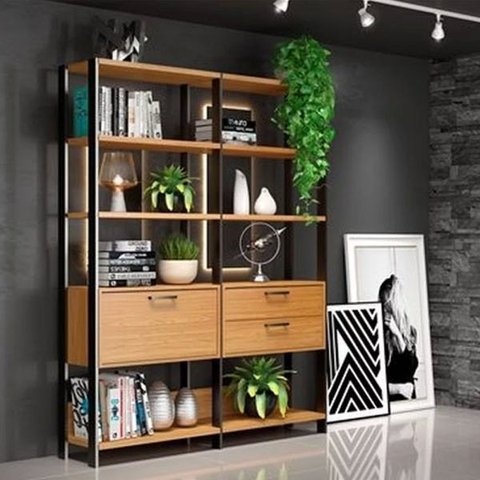 Estante Sala com Prateleiras e Gavetas Dalla Costa 100% Mdf - Freijó/ Preto Fosco