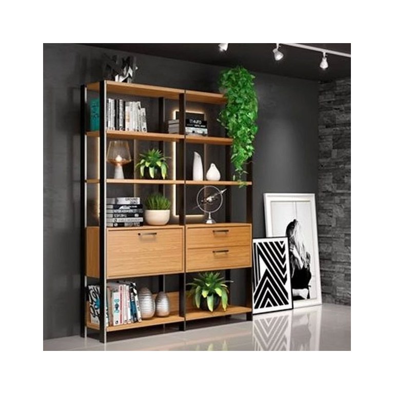 Estante Sala com Prateleiras e Gavetas Dalla Costa 100% Mdf - Freijó/ Preto Fosco