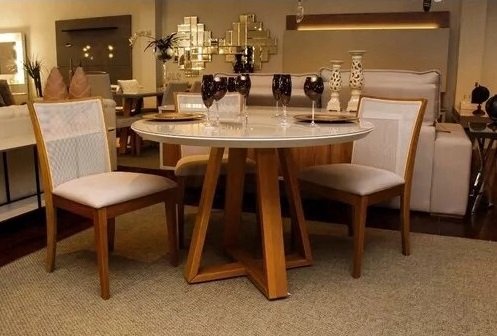 Mesa Jantar Redonda Laqueada Base Pirâmide 100cm Tampo Mdf com Vidro Off/white **somente a Mesa**