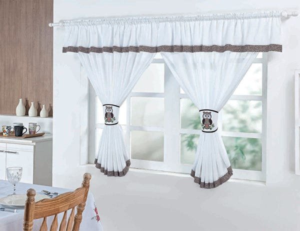 Cortina para Cozinha Varão 2,00mx1,30m com Abraçadeiras - Branca - Coruja - 1