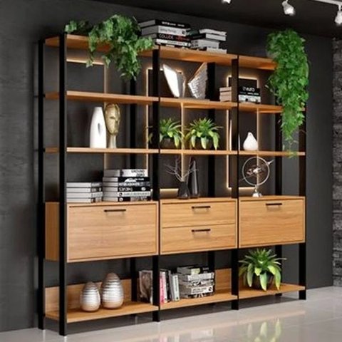 Estantes para Livro Sala Prateleiras e Gavetas Industrial 100% Mdf Freijó/preto Fosco