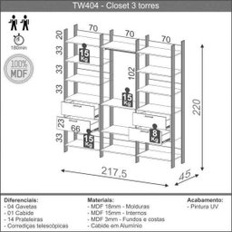 Guarda Roupa Closet com Gavetas Dalla Costa 100% Mdf Freijó/preto Fosco - 3