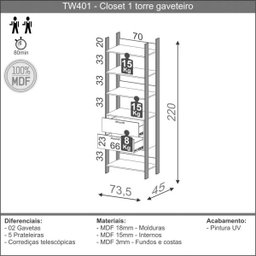Closet Modulado 2 Gavetas 5 Prateleiras 73,5cm Tw401 Dalla Costa - Freijó/preto Fosco - 3