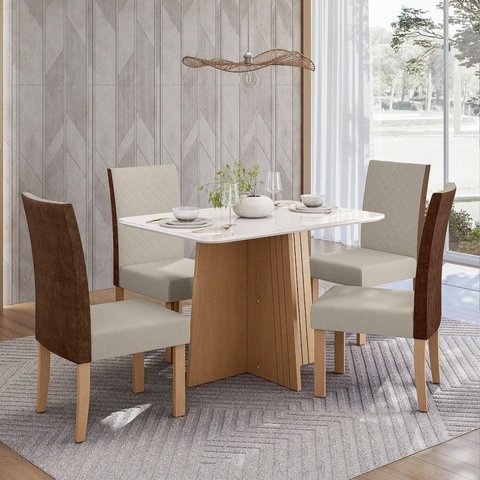 Sala de Jantar Mesa Isa 120cm Vidro com 4 Cadeiras Linho Courino Helo Bege/Mel/Caramelo