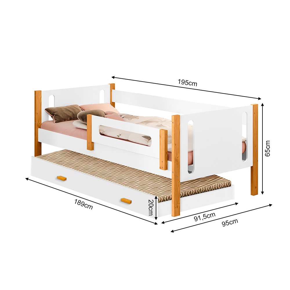 Cama Babá Infantil Mirela com Cama Auxiliar Branco/mel com Grade de Proteção - Divaloto Móveis - 3