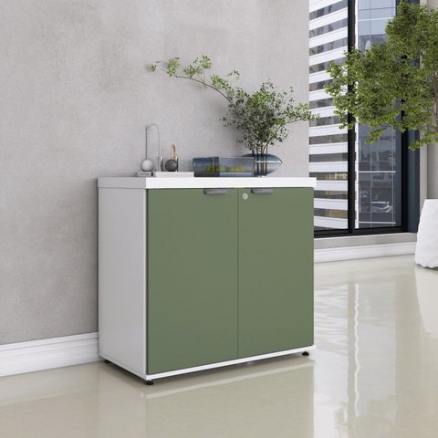 Armário Baixo para Escritório PE40 com 2 Portas Pivotantes Cinza/Branco/Sálvia