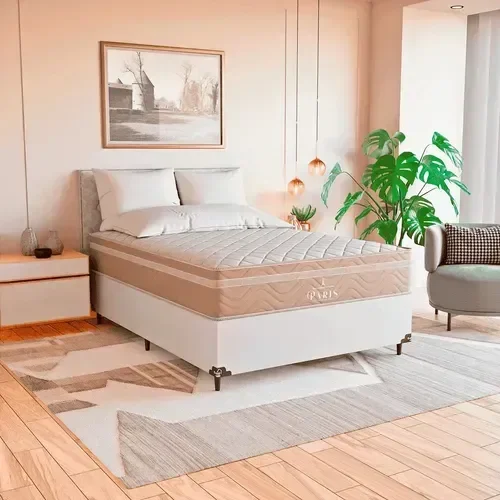 Cama Box Casal Branco + Colchão Paris Molas Ensacadas Bege Couro Branco/bege