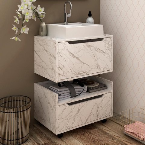 Conjunto Banheiro com 2 Balcões Mármore Branco - Tecno