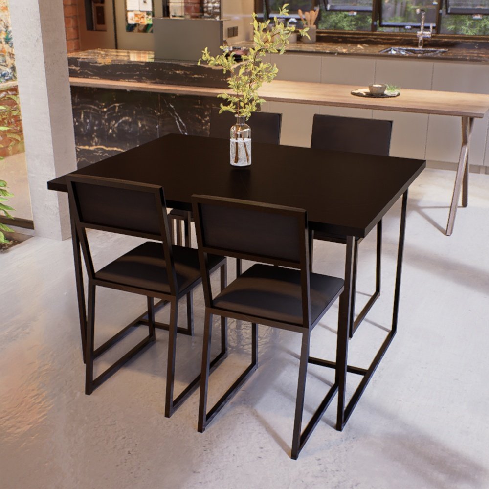 Conjunto Mesa de Jantar Retangular Preto 4 Cadeiras Preta Riviera Industrial Don Castro Decor Rivier