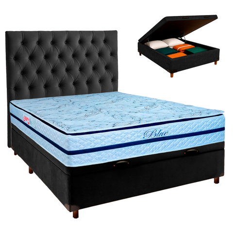 Conjunto Cama Box Bau Preto Casal + Colchão Molas Ensacadas Blue Paropas + Cabeceira