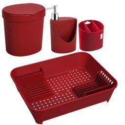 Kit Para Pia Escorredor Dispenser Porta Talher Lixeira 2,5l Vermelho Bold - 1