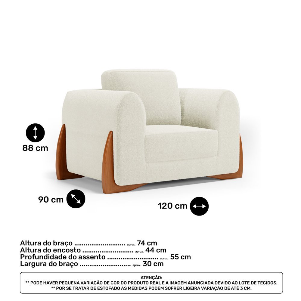 Kit 02 Poltronas Decorativas Living Bloom com Pés de Madeira Bouclê Off White - Desk Design - 4