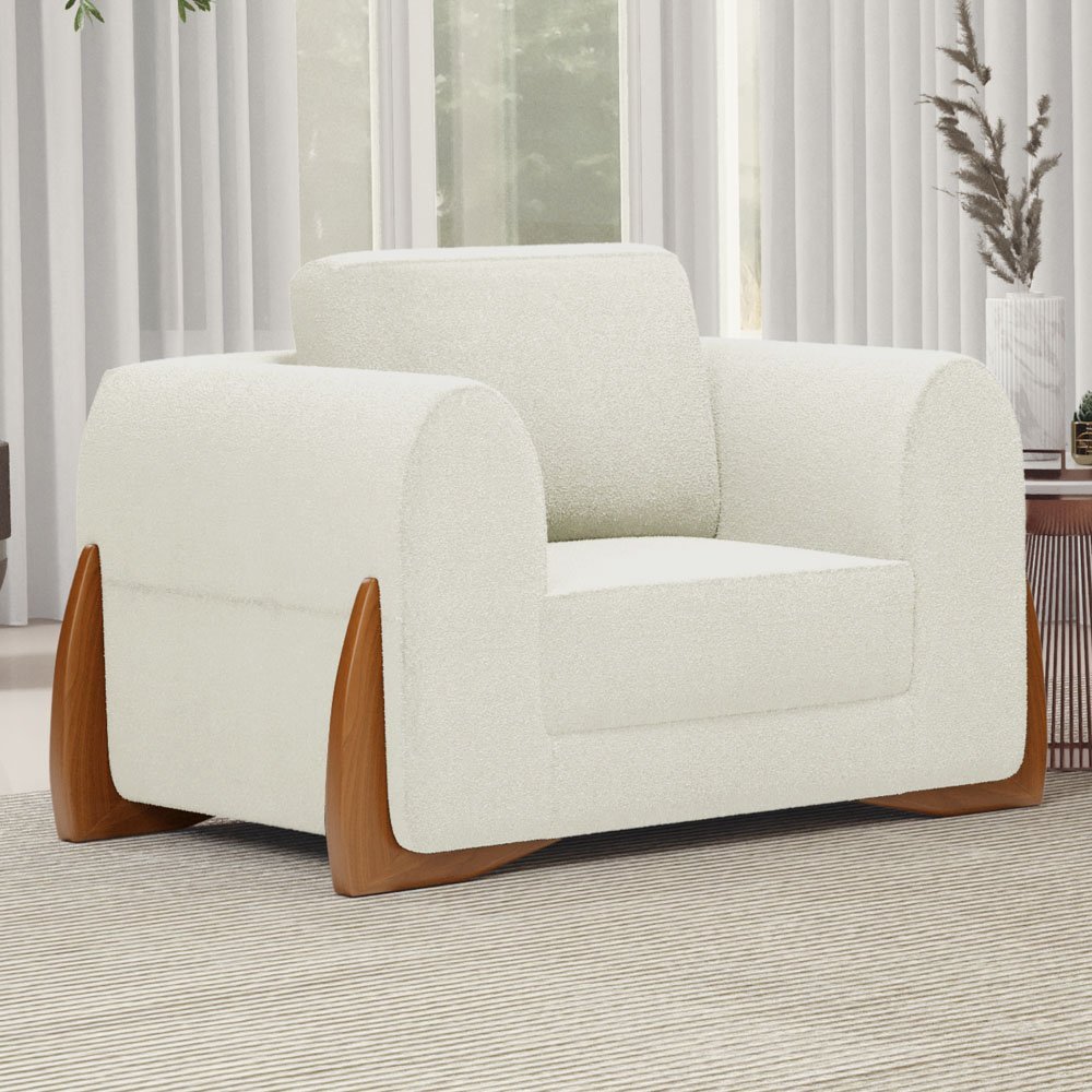 Kit 02 Poltronas Decorativas Living Bloom com Pés de Madeira Bouclê Off White - Desk Design - 2