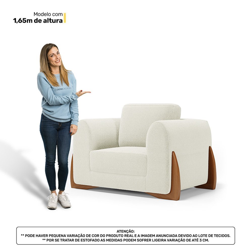 Kit 02 Poltronas Decorativas Living Bloom com Pés de Madeira Bouclê Off White - Desk Design - 10