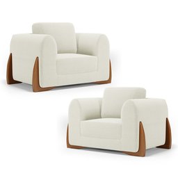 Kit 02 Poltronas Decorativas Living Bloom com Pés de Madeira Bouclê Off White - Desk Design - 1