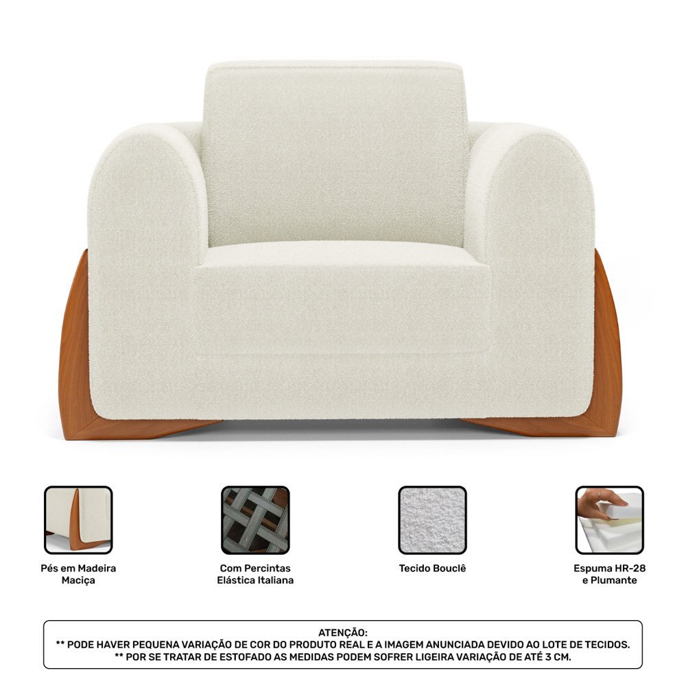 Kit 02 Poltronas Decorativas Living Bloom com Pés de Madeira Bouclê Off White - Desk Design - 5