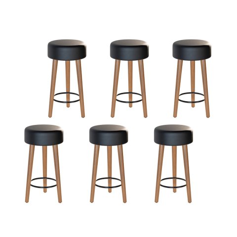 Kit 6 Bancos Banqueta Paris Couro Preto Mesa Gourmet Pés Madeira Ms Decor