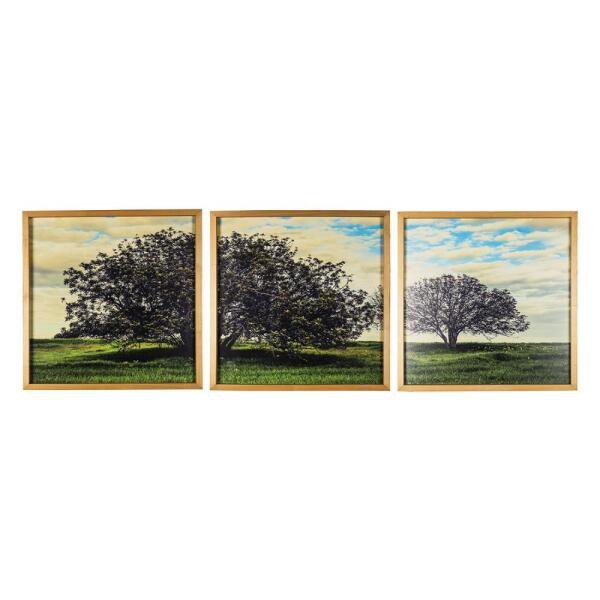 Quadro Decorativo Trio Com Moldura Marrom Vidro Jardim Árvore Para Salas Quarto 160x50cm - 1