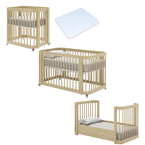 Berço Quater 3 em 1 em Madeira Pinus Carvalho Malva – Mini Berço, Berço Americano e Mini Cama