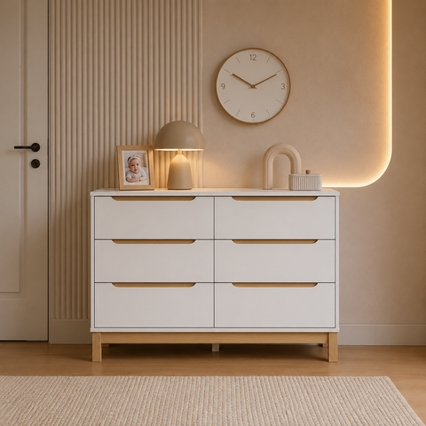 Cômoda Infantil Quater 6 Gavetas em MDF – Branco com Carvalho