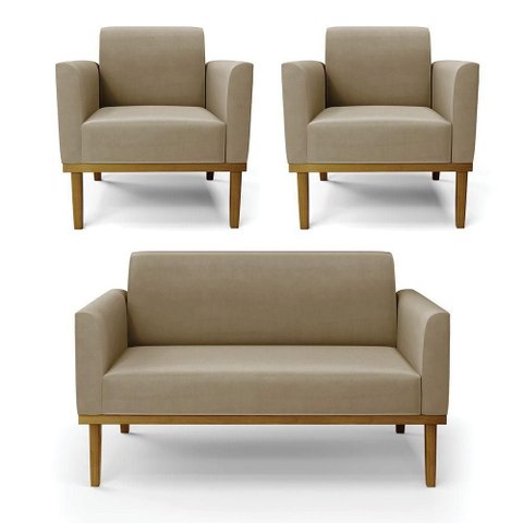 Sofá Namoradeira com 2 Poltronas Base de Madeira Fixa Castanho Marisa Suede Marrom Rato D03 - D?