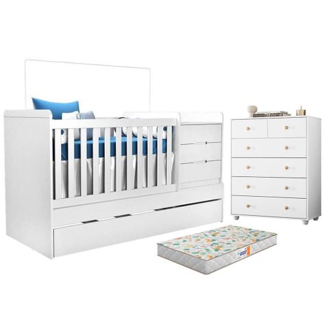 Berço Multifuncional Cléo com Colchão Gazin e Cômoda Vittoria 6 Gavetas Branco - Móveis