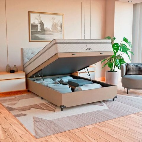 Cama Box Baú Casal Bege + Colchão Paris Molas Branco Suede Bege/branco