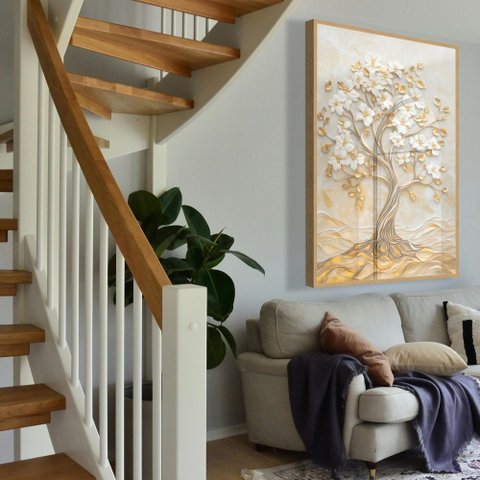 Quadro Décor Árvore 3d com Ondas Flores Brancas Folhas Douradas Sala Quarto Casa Escritório
