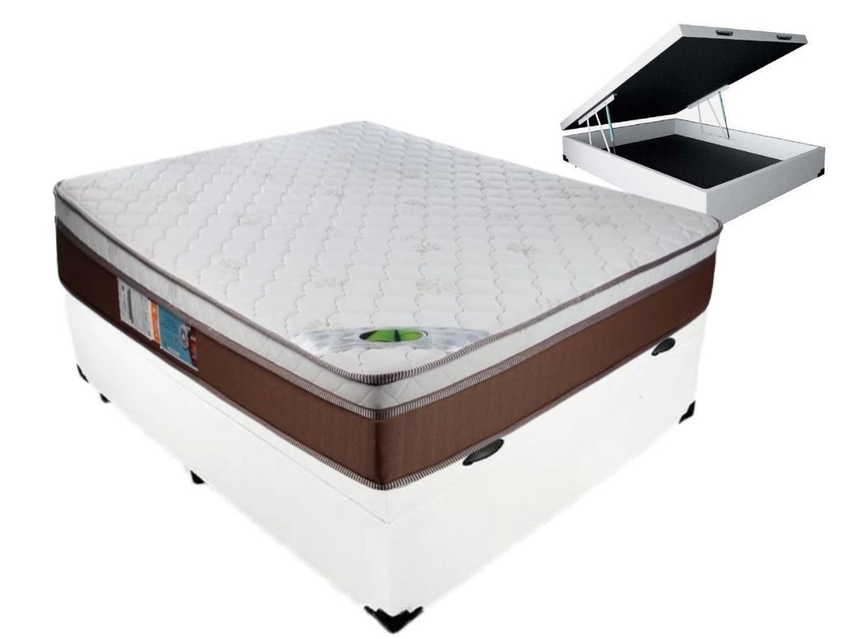 Cama Box Casal Com Baú Branco + Colchão Luckspuma Molas Ensacadas Caribe 138x188 - 1