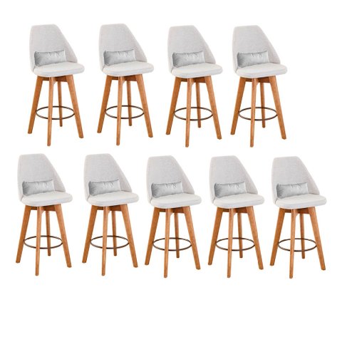 Kit 09 Banquetas Alta Maya Giratória Com Encosto Linho Bege Claro e Almofada Suede Branco - Gat