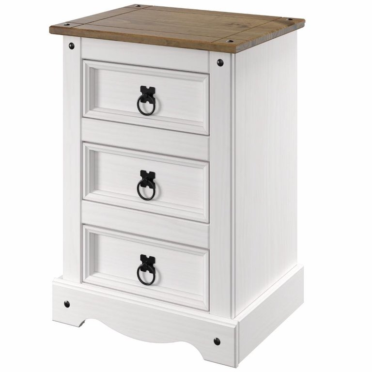 Mesa de Cabeceira de Madeira com 3 Gavetas Branco Lavado