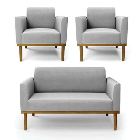 Sofá Namoradeira com 2 Poltronas Base de Madeira Fixa Castanho Marisa Suede Cinza D03 - D?rossi