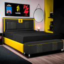 Ver imagem 2 de Kit Quarto Gamer Baú e Painel Fighter Usb 140cm Cama de Casal:preto e Amarelo