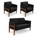 Ver imagem 1 de Kit 1 Sofá Namoradeira e 2 Poltronas Lana Suede Base de Madeira - D’Rossi Preto