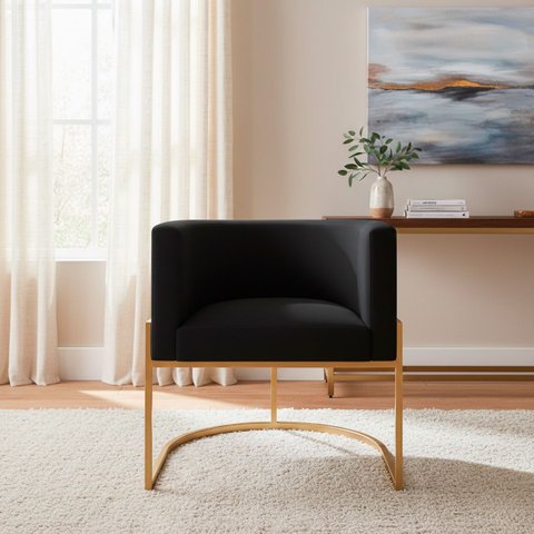 Poltrona Decorativa Luna Estofada Base Metálica Suede: Suede Preto