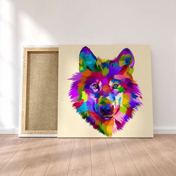 Quadro Decorativo em Tecido Canvas 90x90cm lobo colorido - 1