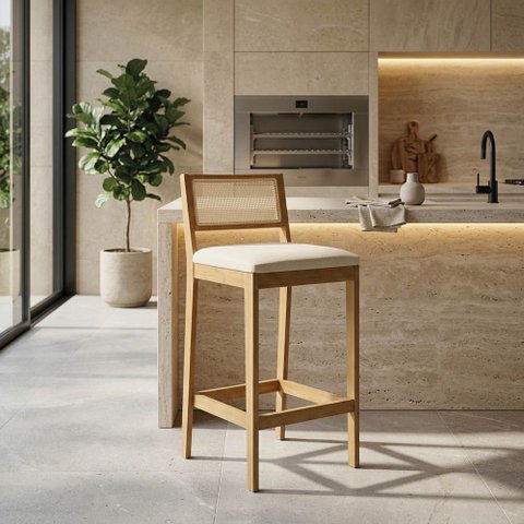 Banqueta Cozinha Média Madeira Castanho Encosto Palhinha Austria I03 - D'Rossi