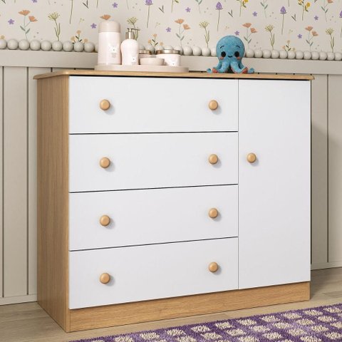 Cômoda Infantil 95cm 1 Porta e 4 Gavetas Encanto Multimóveis Mp4449 Madeirado/branco